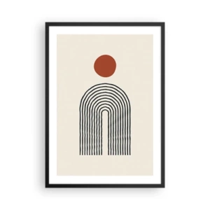 Pôster com moldura preta - Abstração geométrica com um arco linear e um círculo vermelho. - 50x70cm - Magnetismo de formas e cores - Decoração de parede moderna para a sala de estar e quarto ARTTOR