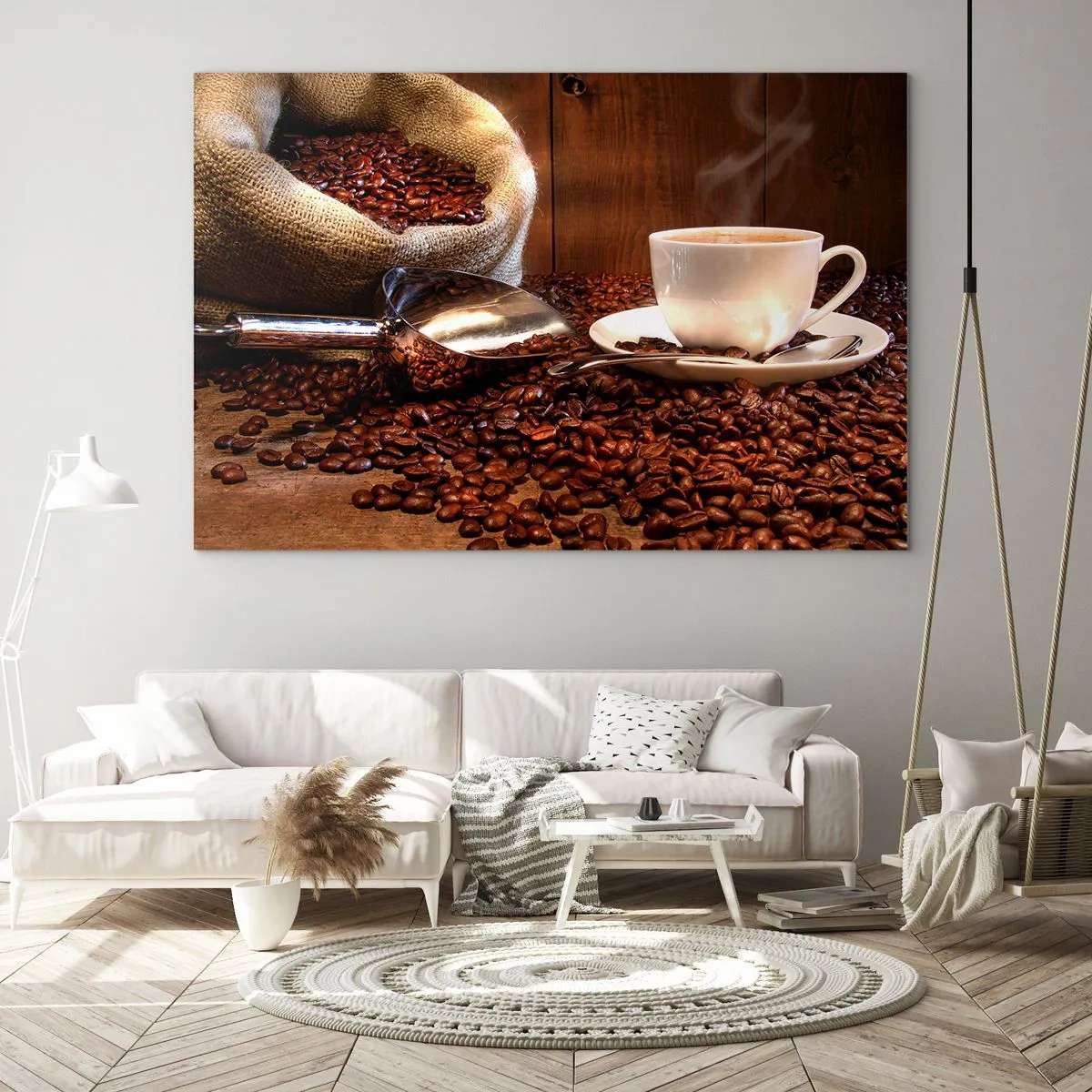Quadro em vidro - Uma xícara de café sobre um fundo de grãos e um saco de juta - 70x50cm - Dá para sentir esse cheiro? - Decoração de parede moderna para a sala de estar e quarto ARTTOR