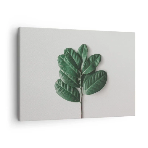 Quadro em tela - Um ramo de folhas verdes em um fundo claro - 70x50cm - Desenho da própria natureza - Decoração de parede moderna para a sala de estar e quarto ARTTOR