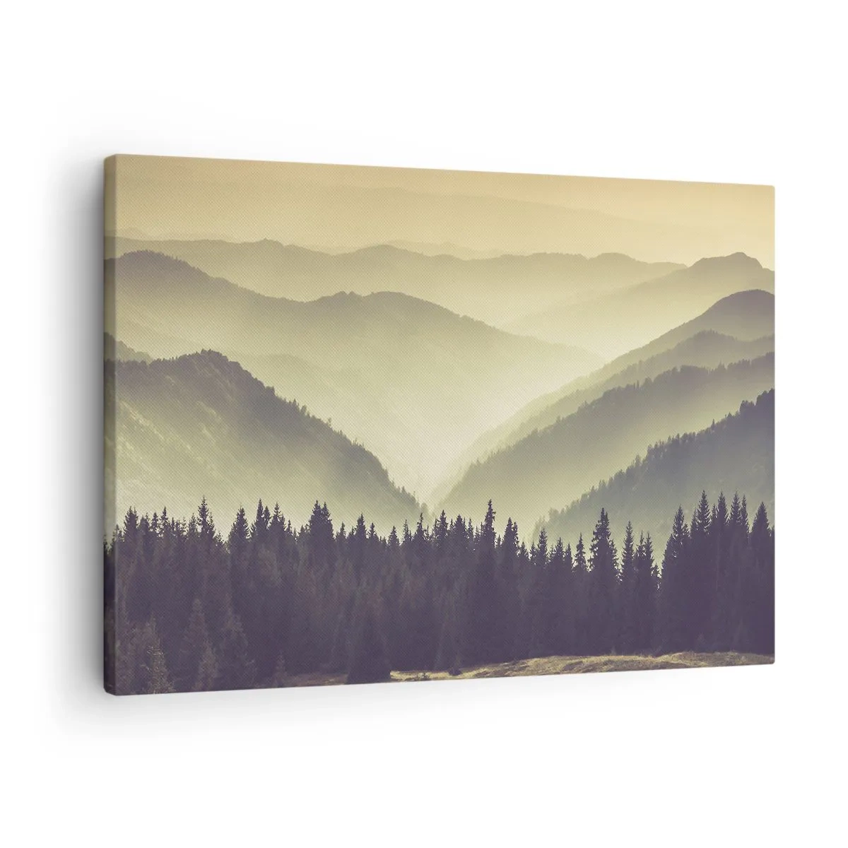 Quadro em tela - Cadeias de montanhas pitorescas envoltas em névoa e luz quente - 70x50cm - Atrás das sete montanhas... - Decoração de parede moderna para a sala de estar e quarto ARTTOR