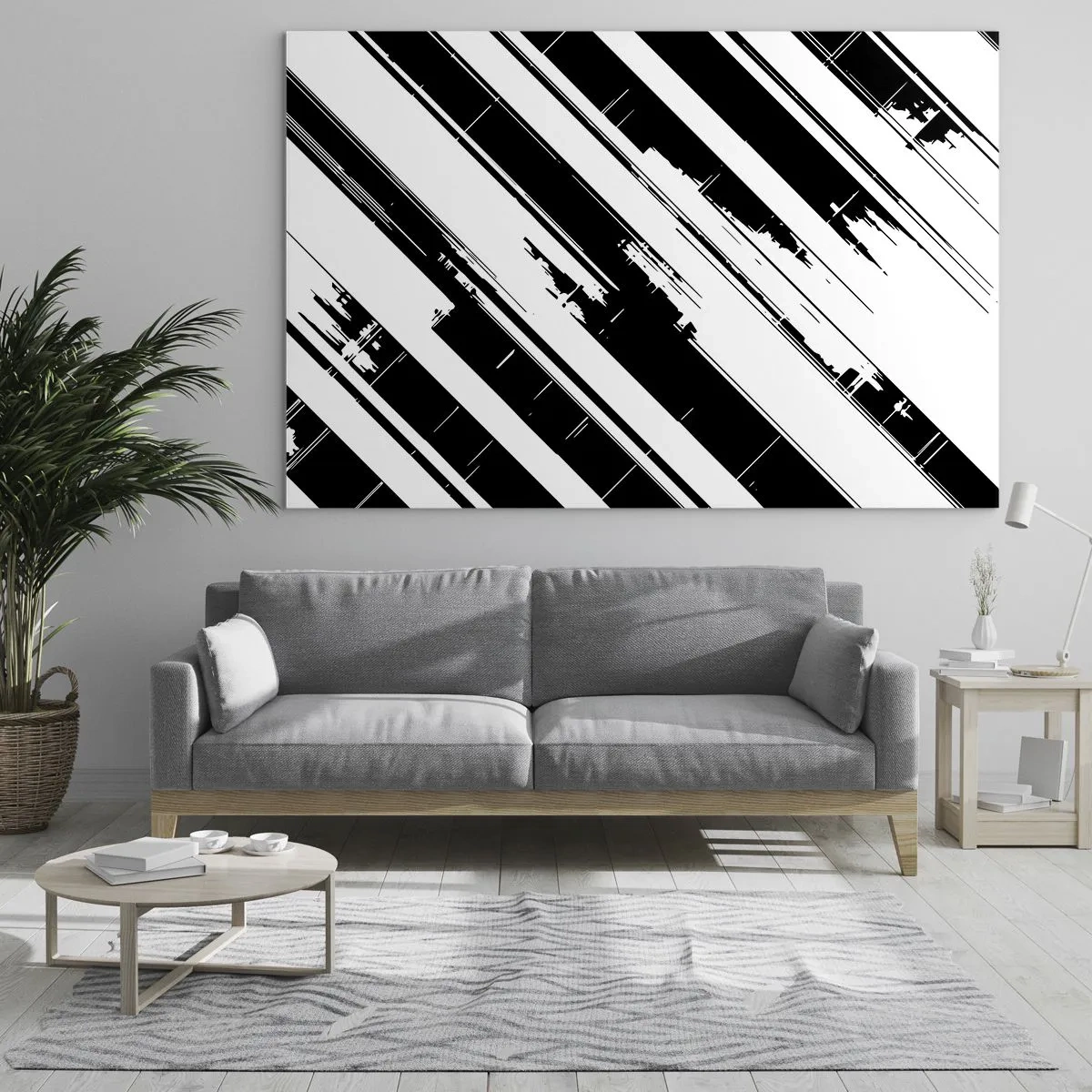 Quadro em vidro - Listras pretas e brancas dinâmicas com efeito desgastado - 70x50cm - Uma composição intensa e dinâmica - Decoração de parede moderna para a sala de estar e quarto ARTTOR