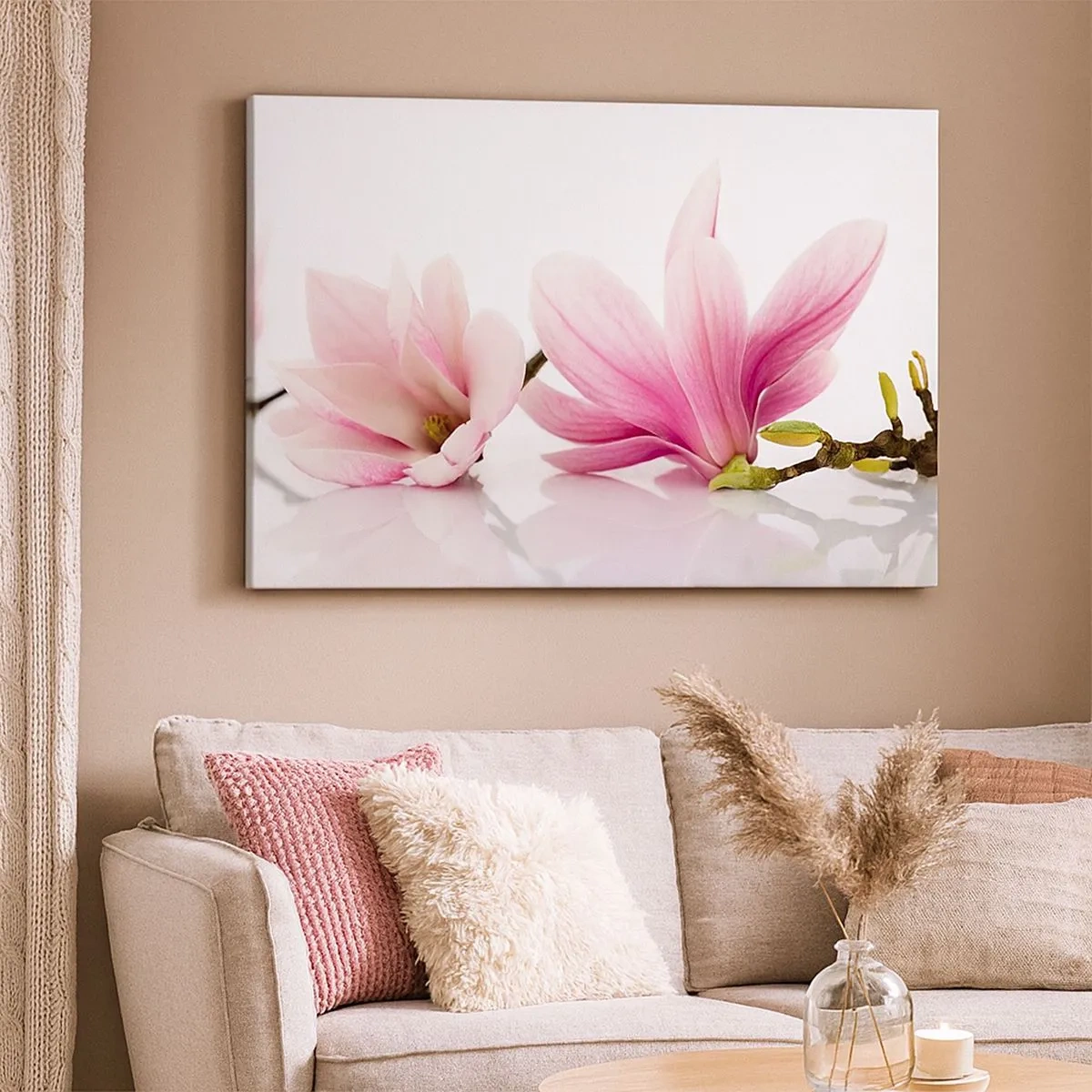 Quadro em tela - Magnólias rosa delicadas sobre fundo branco - 70x50cm - Suave como um sopro de primavera - Decoração de parede moderna para a sala de estar e quarto ARTTOR