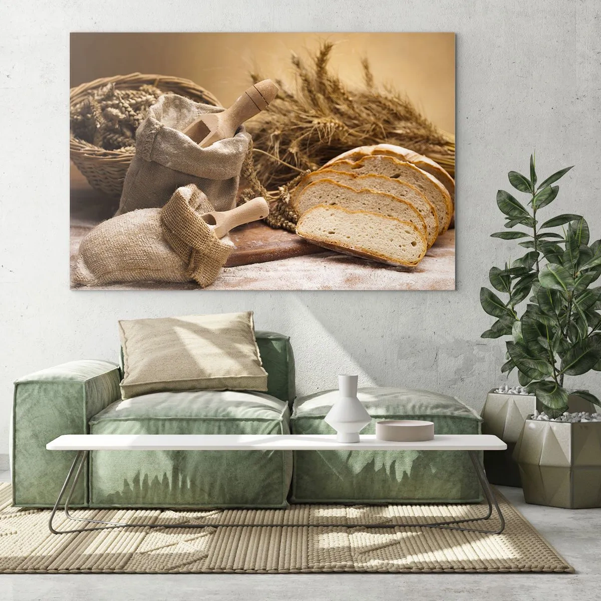 Quadro em vidro - Pão, farinha e espigas de cereais em estilo rústico - 70x50cm - Pão de cada dia - Decoração de parede moderna para a sala de estar e quarto ARTTOR