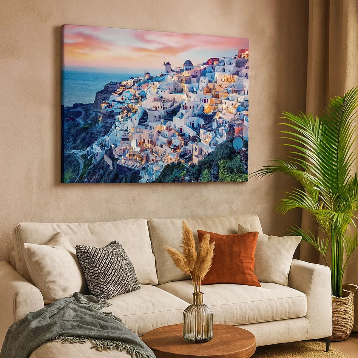 Quadro em tela - Santorini ao pôr do sol com edifícios brancos na colina - 70x50cm - As suas grandes férias gregas - Decoração de parede moderna para a sala de estar e quarto ARTTOR