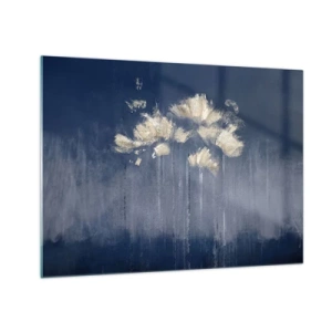 Quadro em vidro - Arranjo floral abstrato dourado sobre fundo azul marinho - 70x50cm - Como pétalas ao vento - Decoração de parede moderna para a sala de estar e quarto ARTTOR