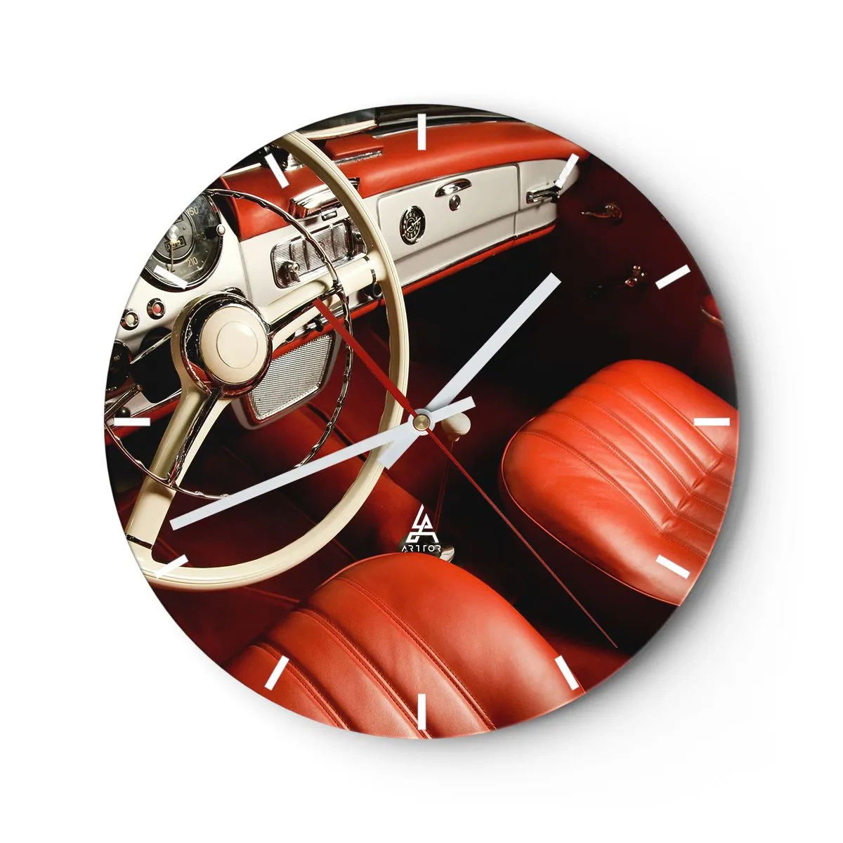 Relógio de parede - Relógio em vidro - Interior de carro clássico com bancos vermelhos - 30x30cm - Luxo vintage - Decoração de parede moderna para a sala de estar, cozinha e quarto ARTTOR