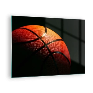 Quadro em vidro - Basquete laranja em fundo escuro - 70x50cm - Linda como um planeta - Decoração de parede moderna para a sala de estar e quarto ARTTOR