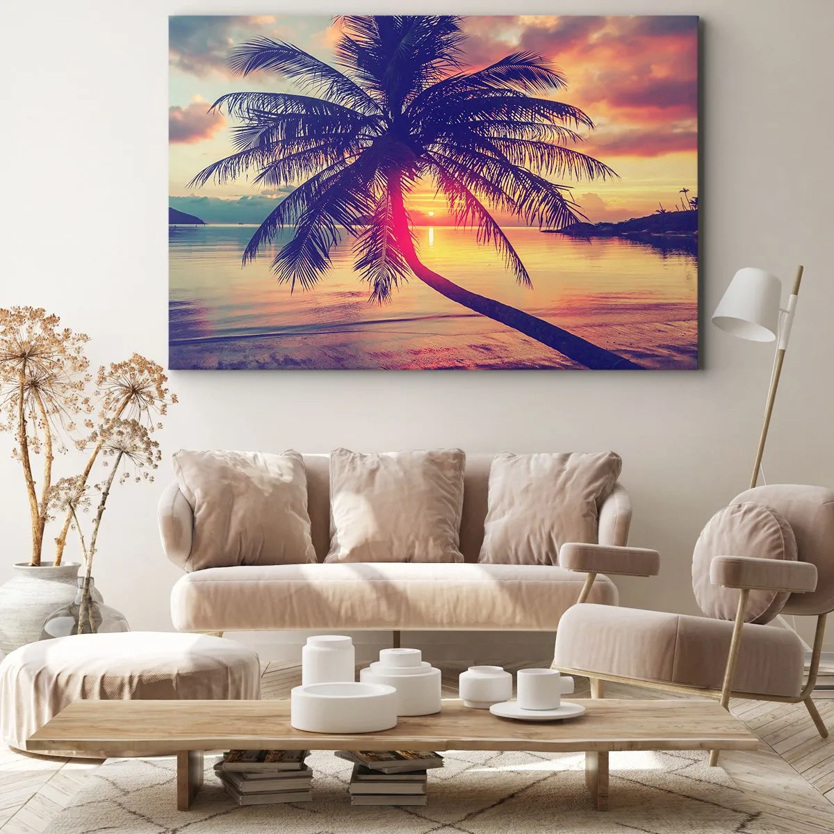 Quadro em tela - Pôr do sol com uma palmeira sobre uma praia tranquila - 70x50cm - Uma noite sob as palmeiras - Decoração de parede moderna para a sala de estar e quarto ARTTOR