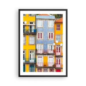Pôster com moldura preta - Fachadas coloridas de casas de estilo português - 50x70cm - Cores da cidade velha - Decoração de parede moderna para a sala de estar e quarto ARTTOR