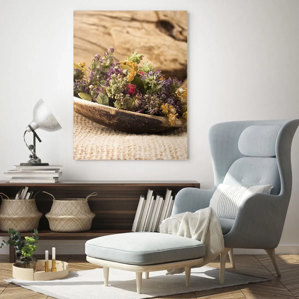 Quadro em vidro - Flores coloridas e ervas aromáticas - 50x70 cm
