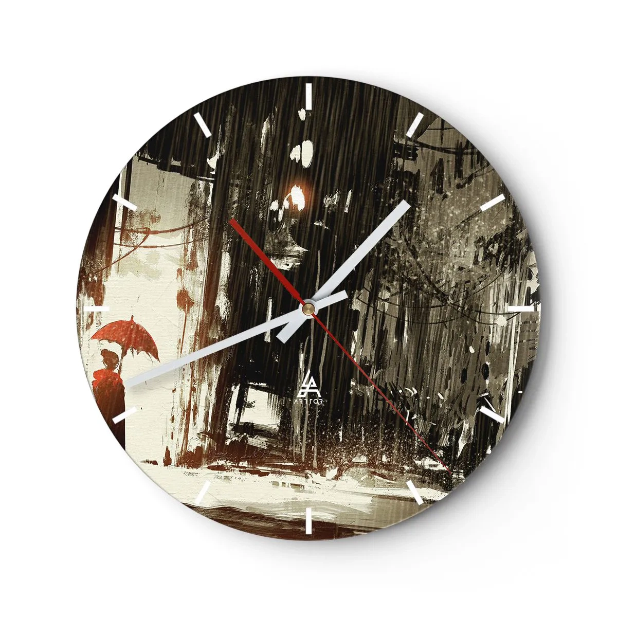 Relógio de parede - Relógio em vidro - Uma cena com um guarda-chuva contra uma rua chuvosa - 30x30cm - A poesia do guarda-chuva vermelho - Decoração de parede moderna para a sala de estar, cozinha e quarto ARTTOR