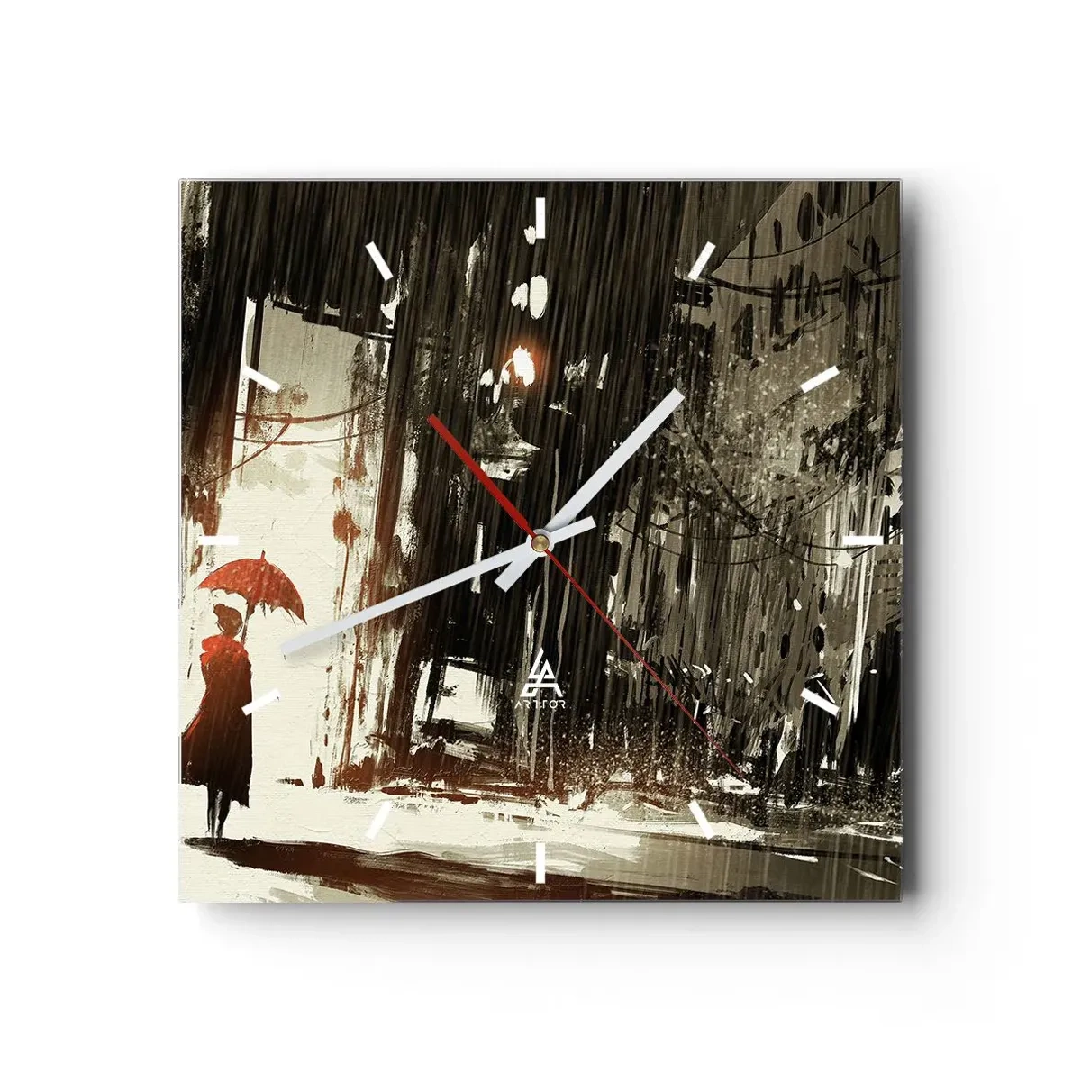 Relógio de parede - Relógio em vidro - A poesia do guarda-chuva vermelho - 30x30 cm