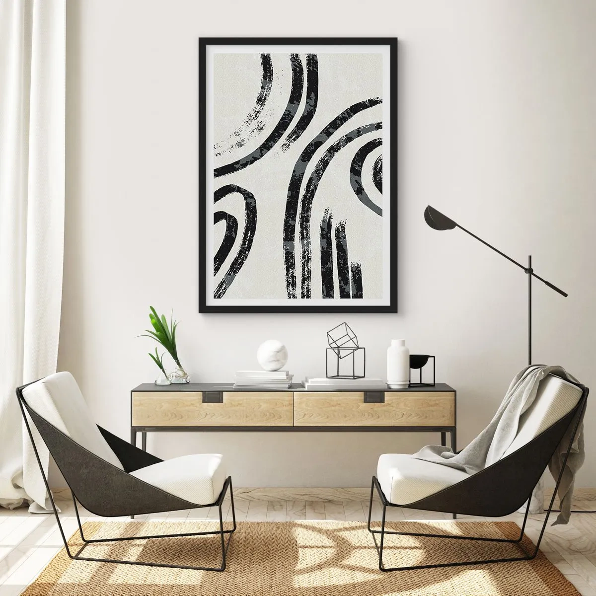 Pôster com moldura preta - Linhas pretas abstratas em um fundo claro - 50x70cm - Meio parado - Decoração de parede moderna para a sala de estar e quarto ARTTOR