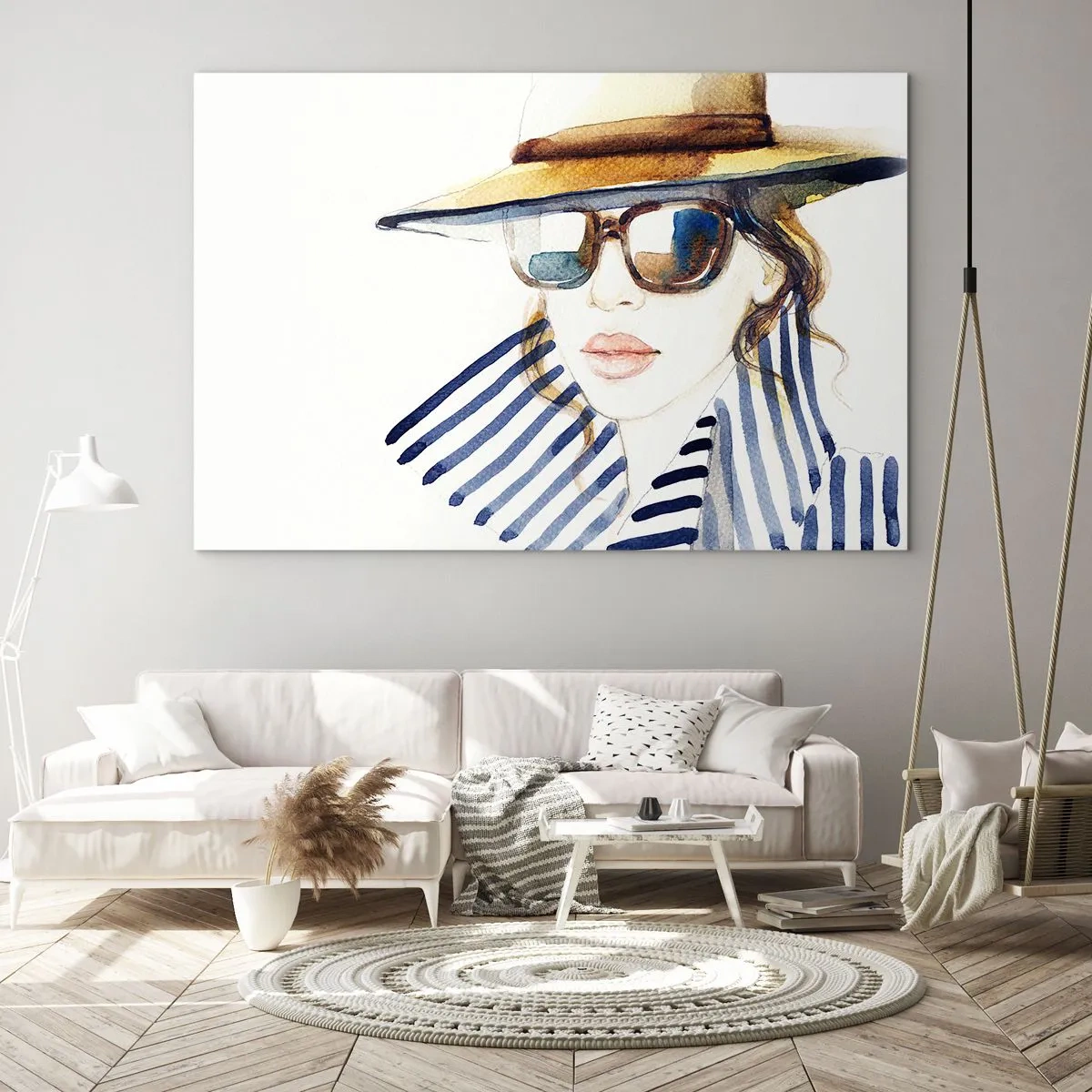 Quadro em vidro - Mulher estilosa com chapéu e óculos em estilo aquarela - 70x50cm - Bem-vindo à Flórida - Decoração de parede moderna para a sala de estar e quarto ARTTOR