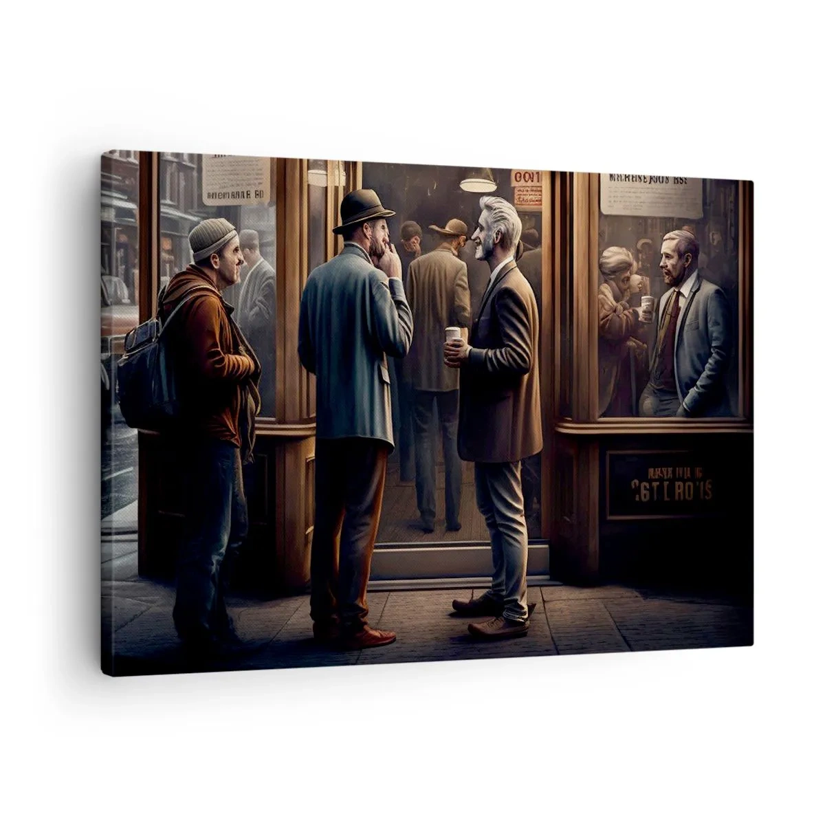 Quadro em tela - Cena de rua com pessoas em frente a um café retrô - 70x50cm - Boa hora do dia - Decoração de parede moderna para a sala de estar e quarto ARTTOR