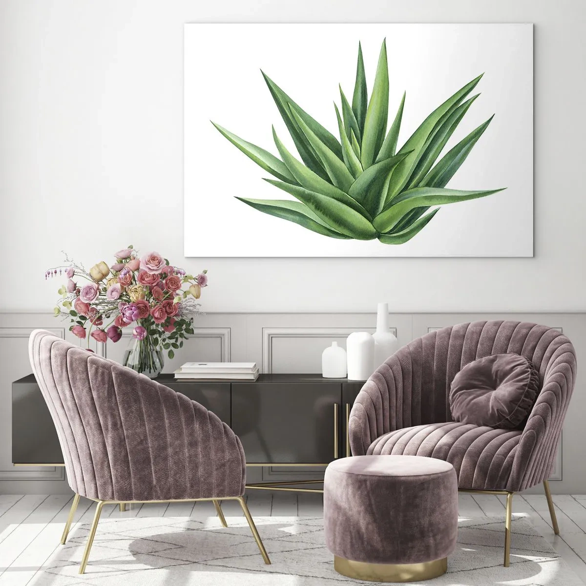Quadro em vidro - Uma planta verde com folhas carnudas em um fundo branco - 70x50cm - Verde – força – vida - Decoração de parede moderna para a sala de estar e quarto ARTTOR