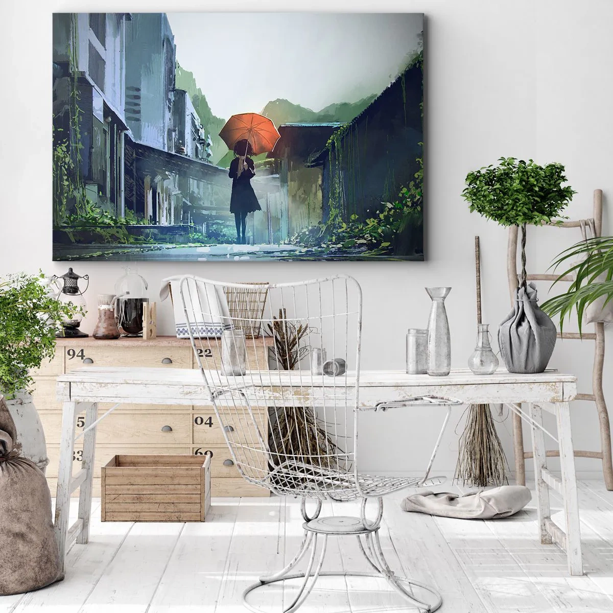 Quadro em tela - Uma figura com um guarda-chuva em uma cidade chuvosa - 70x50cm - Chuva revigorante - Decoração de parede moderna para a sala de estar e quarto ARTTOR
