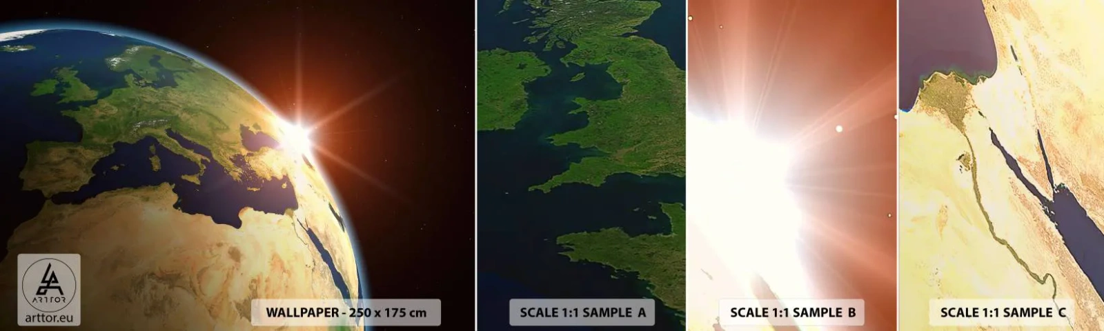 Amostra de Papel de Parede Standard Eco - Nascer do Sol - Cosmos, Globo, Continentes - 100x30 cm