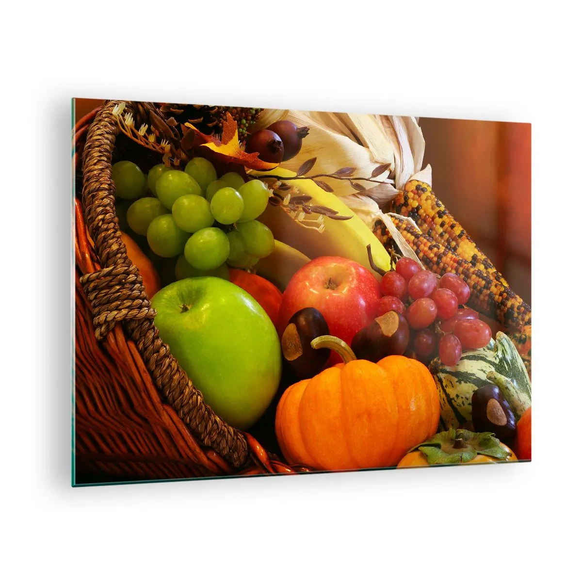 Quadro em vidro - Uma cesta cheia de frutas e vegetais em um arranjo de outono - 70x50cm - O cesto da colheita - Decoração de parede moderna para a sala de estar e quarto ARTTOR