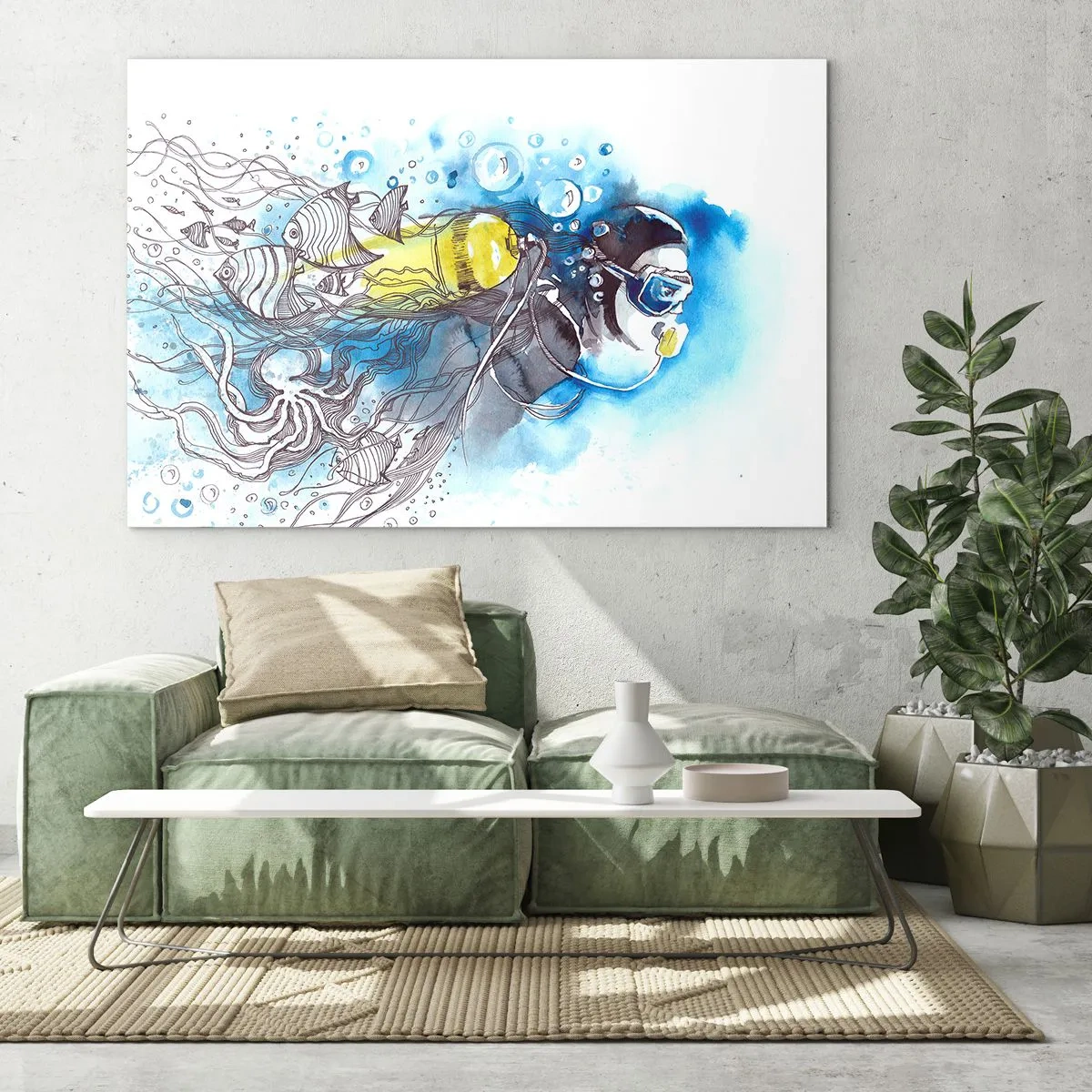 Quadro em vidro - Mergulhador subaquático com peixes em aquarela artística - 70x50cm - Azul Infinito - Decoração de parede moderna para a sala de estar e quarto ARTTOR