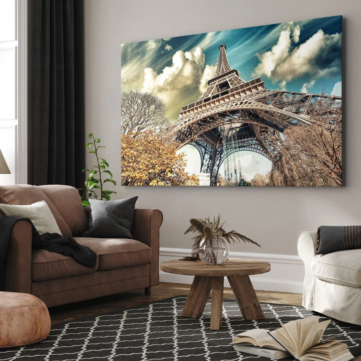Quadro em tela - A Torre Eiffel vista de baixo em um cenário outonal - 70x50cm - E no outono em Paris... - Decoração de parede moderna para a sala de estar e quarto ARTTOR