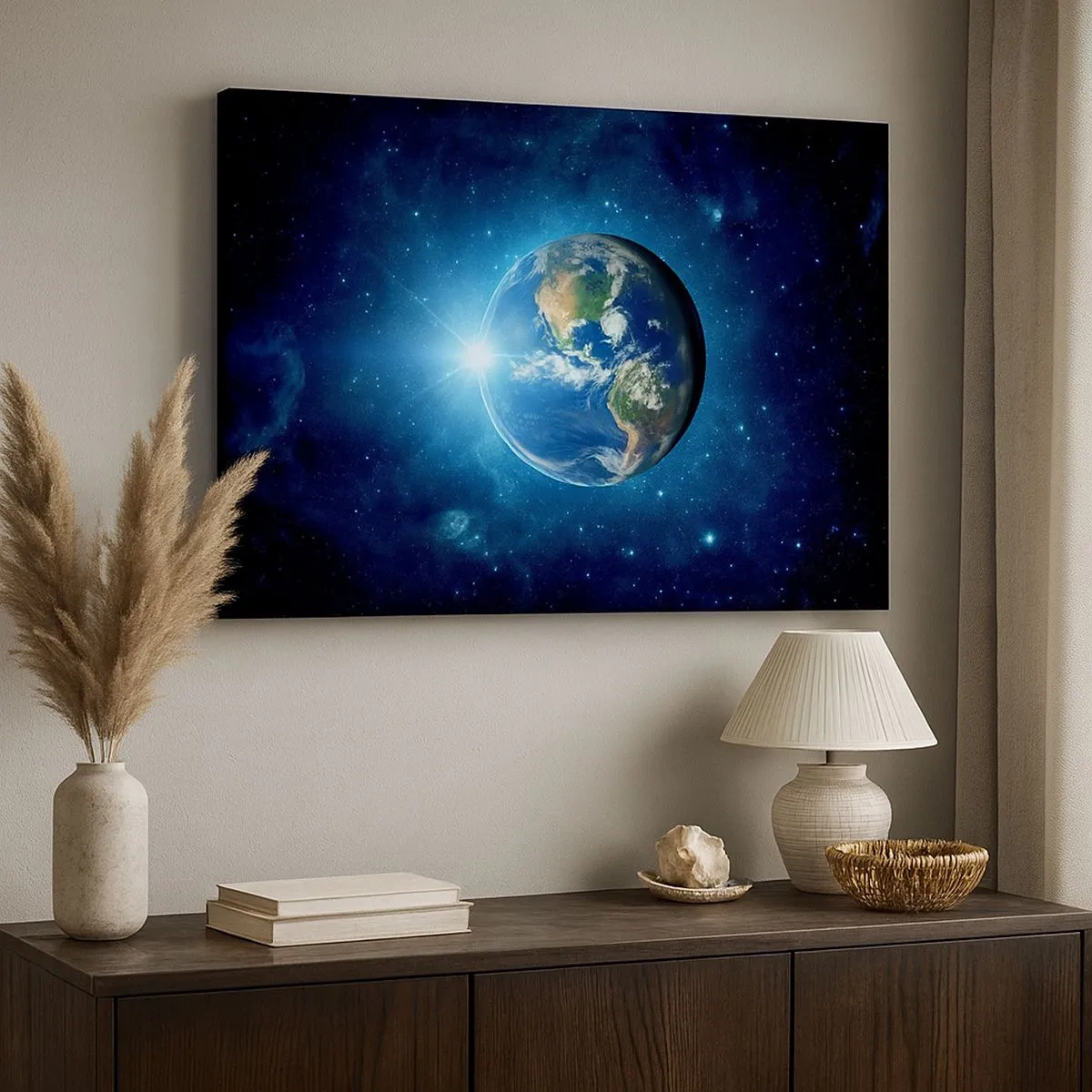 Quadro em tela - Terra no espaço cercada por estrelas e luz - 70x50cm - Estamos no céu - Decoração de parede moderna para a sala de estar e quarto ARTTOR