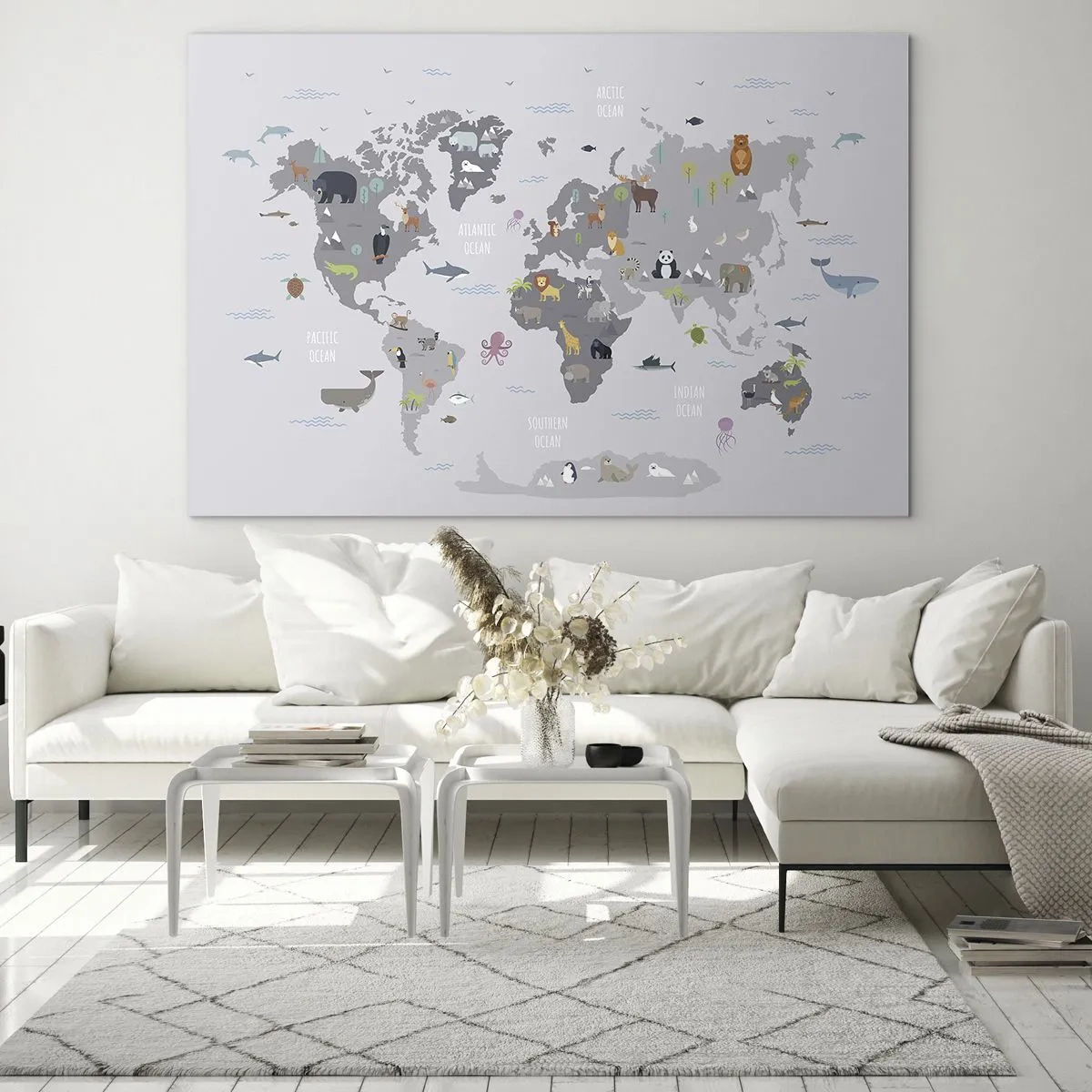 Quadro em vidro - Mapa-múndi ilustrado com animais característicos - 70x50cm - Diga-me de onde é... - Decoração de parede moderna para a sala de estar e quarto ARTTOR
