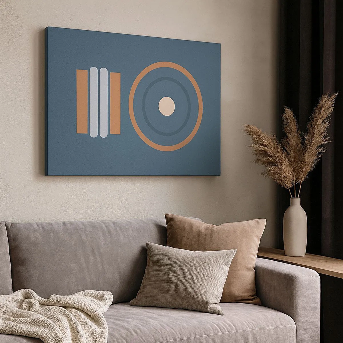 Quadro em tela - Uma composição geométrica com círculos e retângulos em cores suaves. - 70x50cm - A essência da questão - Decoração de parede moderna para a sala de estar e quarto ARTTOR