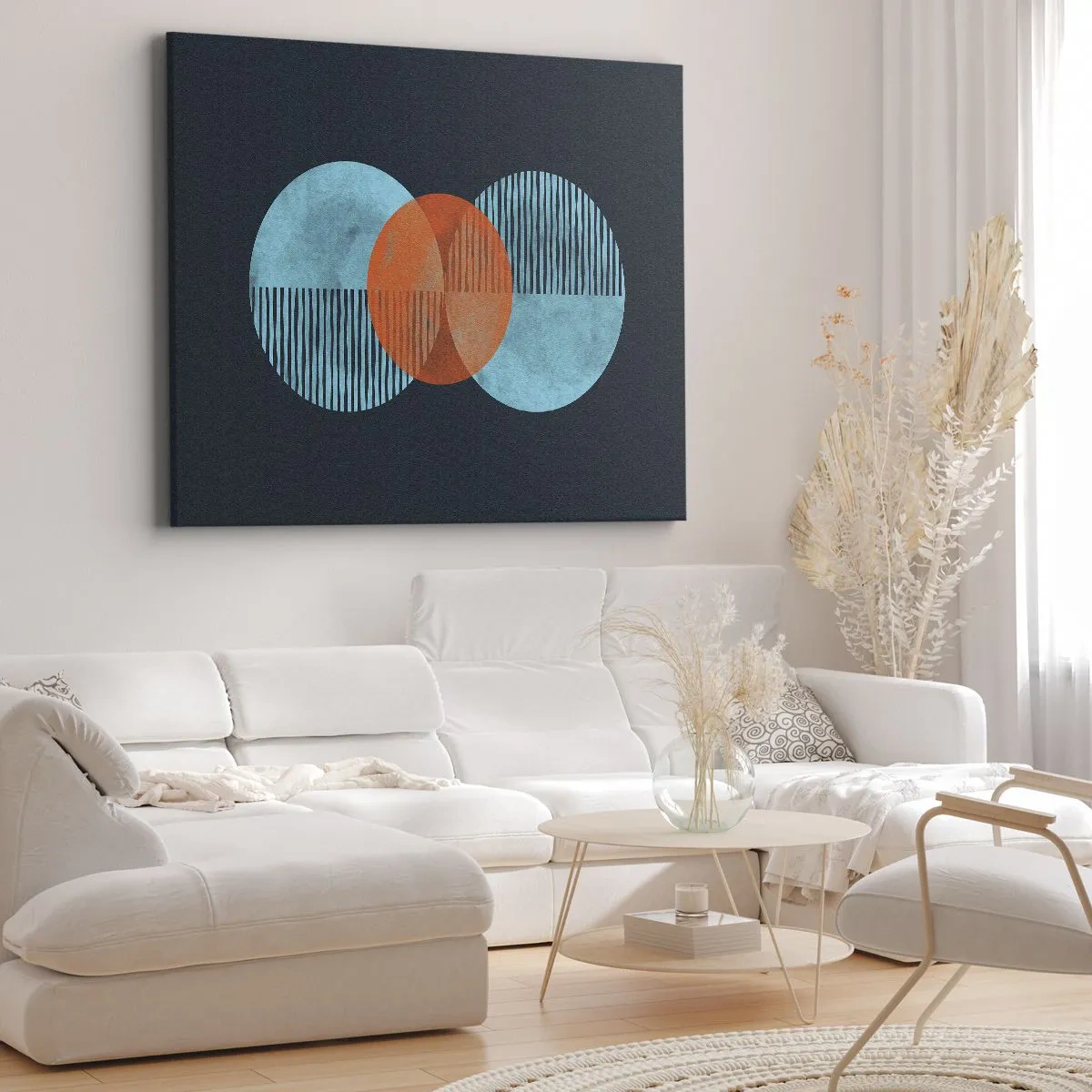 Quadro em tela - Círculos geométricos em tons de azul e laranja - 70x50cm - Obras de arte simétricas - Decoração de parede moderna para a sala de estar e quarto ARTTOR