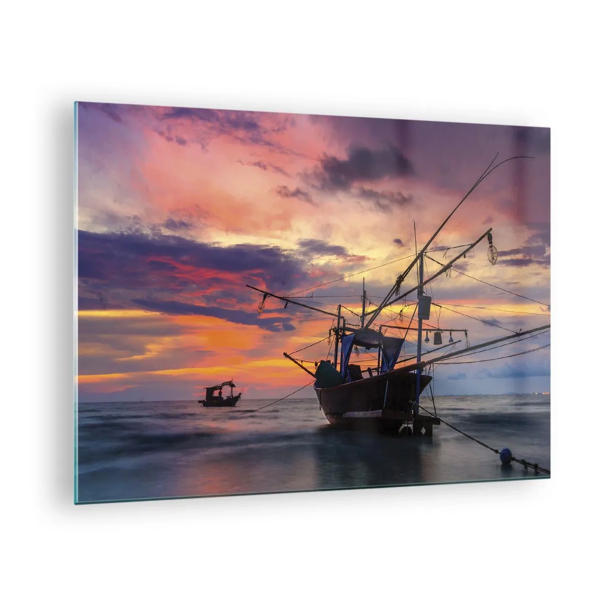 Quadro em vidro - Barcos de pesca no mar ao pôr do sol - 70x50cm - Noite exótica - Decoração de parede moderna para a sala de estar e quarto ARTTOR