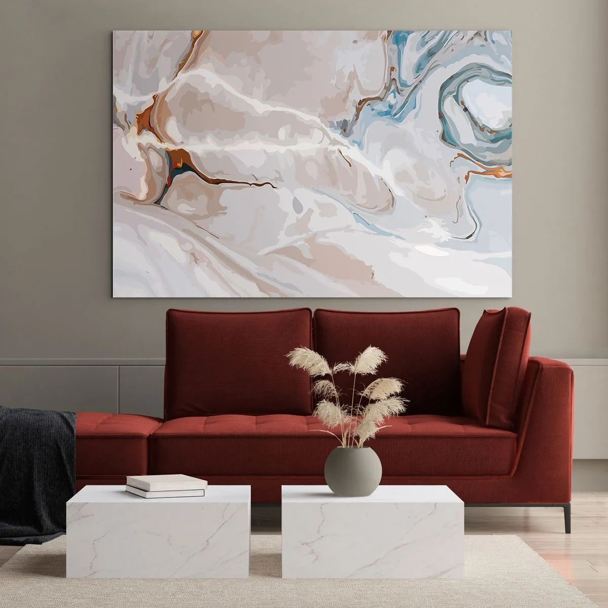 Quadro em vidro - Padrão artístico em tons neutros com toques de azul - 70x50cm - Meandros azuis sob branco - Decoração de parede moderna para a sala de estar e quarto ARTTOR