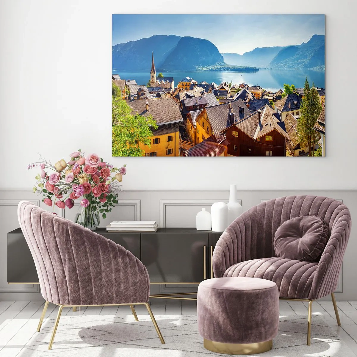 Quadro em vidro - Uma cidade pitoresca em um lago cercado por montanhas - 70x50cm - Não poderia ser mais pitoresco - Decoração de parede moderna para a sala de estar e quarto ARTTOR