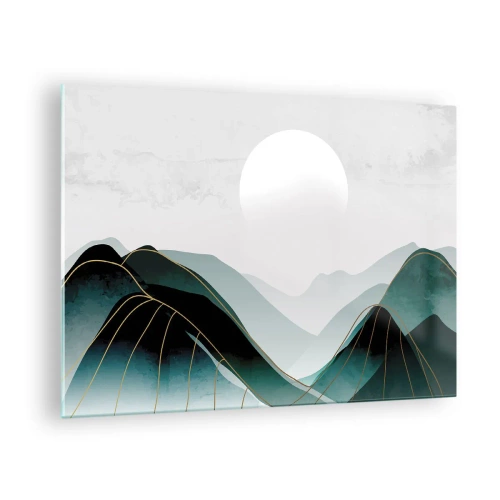 Quadro em vidro - Paisagem montanhosa com sol branco e linhas douradas - 70x50cm - Em plena majestade - Decoração de parede moderna para a sala de estar e quarto ARTTOR