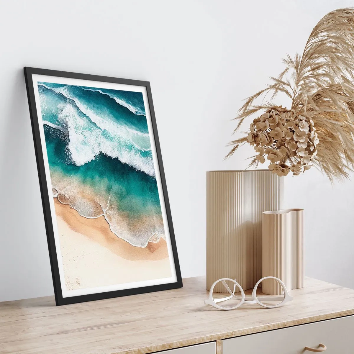 Pôster com moldura preta - Ondas do mar quebrando na praia - 50x70cm - O eterno encontro - Decoração de parede moderna para a sala de estar e quarto ARTTOR