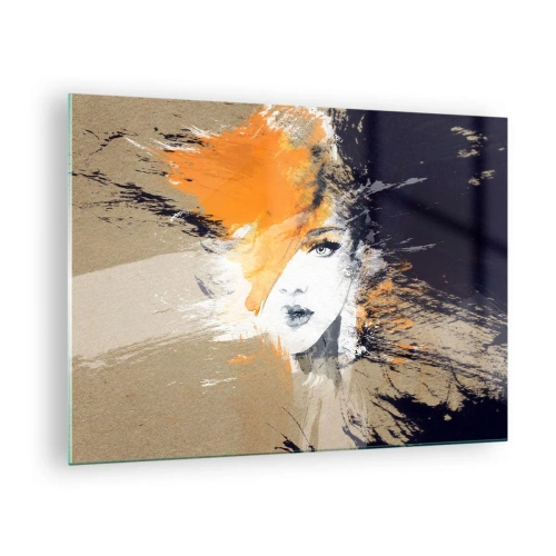 Quadro em vidro - Retrato abstrato de uma mulher com detalhes em laranja - 70x50cm - E fez-se a luz - Decoração de parede moderna para a sala de estar e quarto ARTTOR