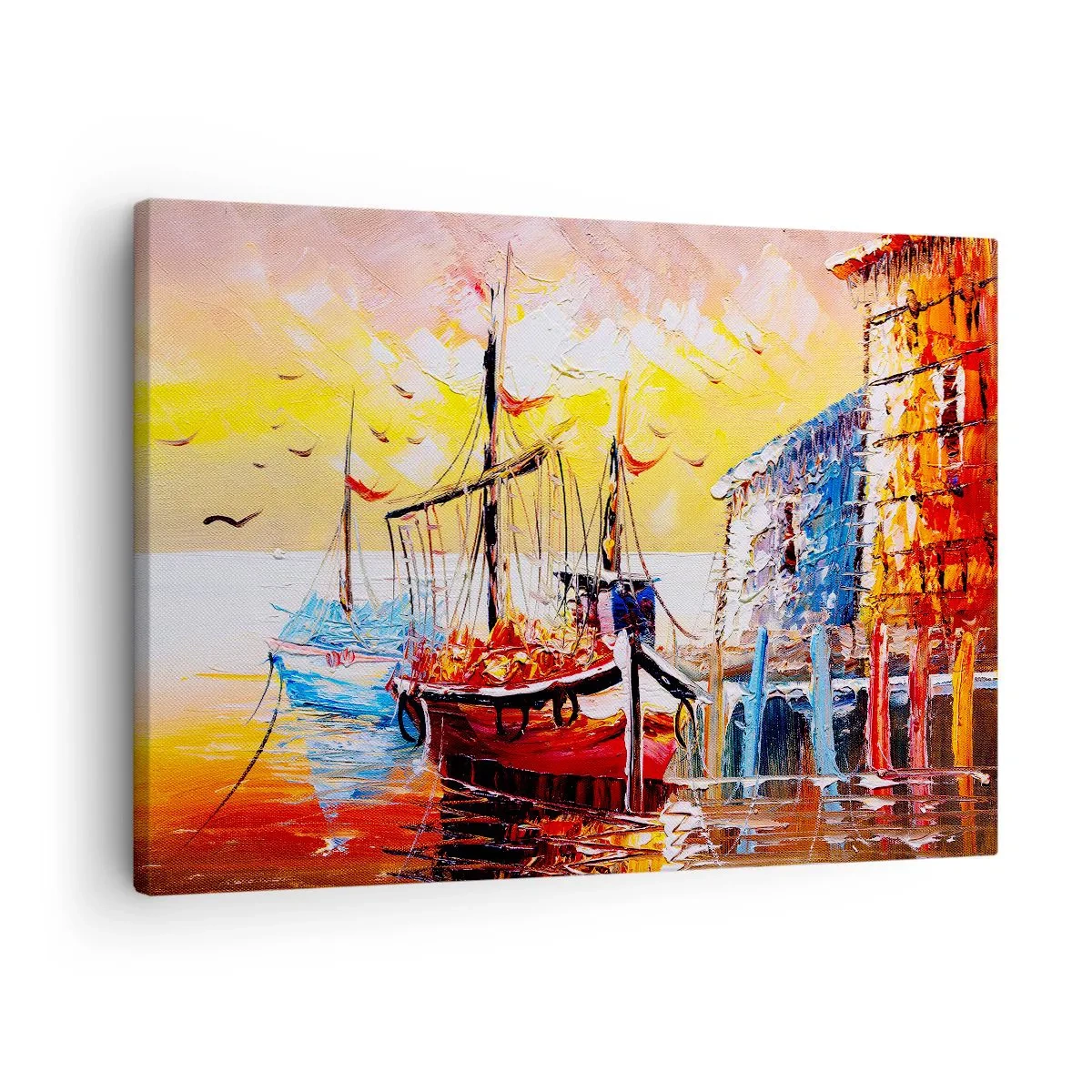 Quadro em tela - Porto pitoresco ao pôr do sol com barcos de pesca - 70x50cm - Feliz retorno - Decoração de parede moderna para a sala de estar e quarto ARTTOR
