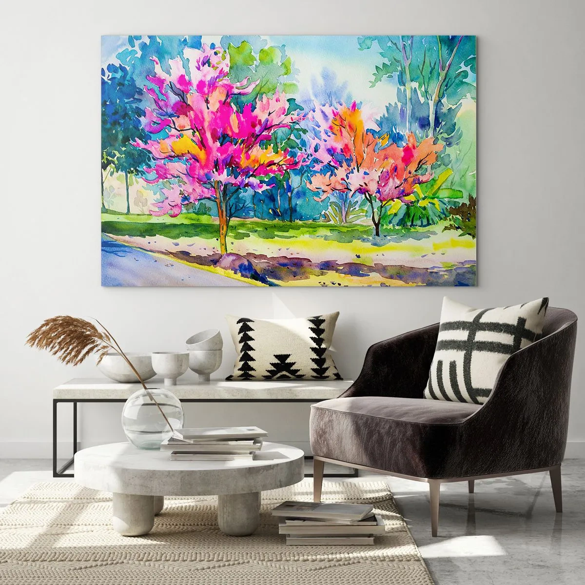 Quadro em vidro - Um jardim arco-íris no brilho da primavera - 120x80 cm