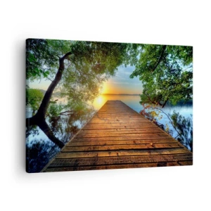 Quadro em tela - Um píer de madeira cercado por vegetação durante o pôr do sol - 70x50cm - Tome o seu tempo, sente-se - Decoração de parede moderna para a sala de estar e quarto ARTTOR