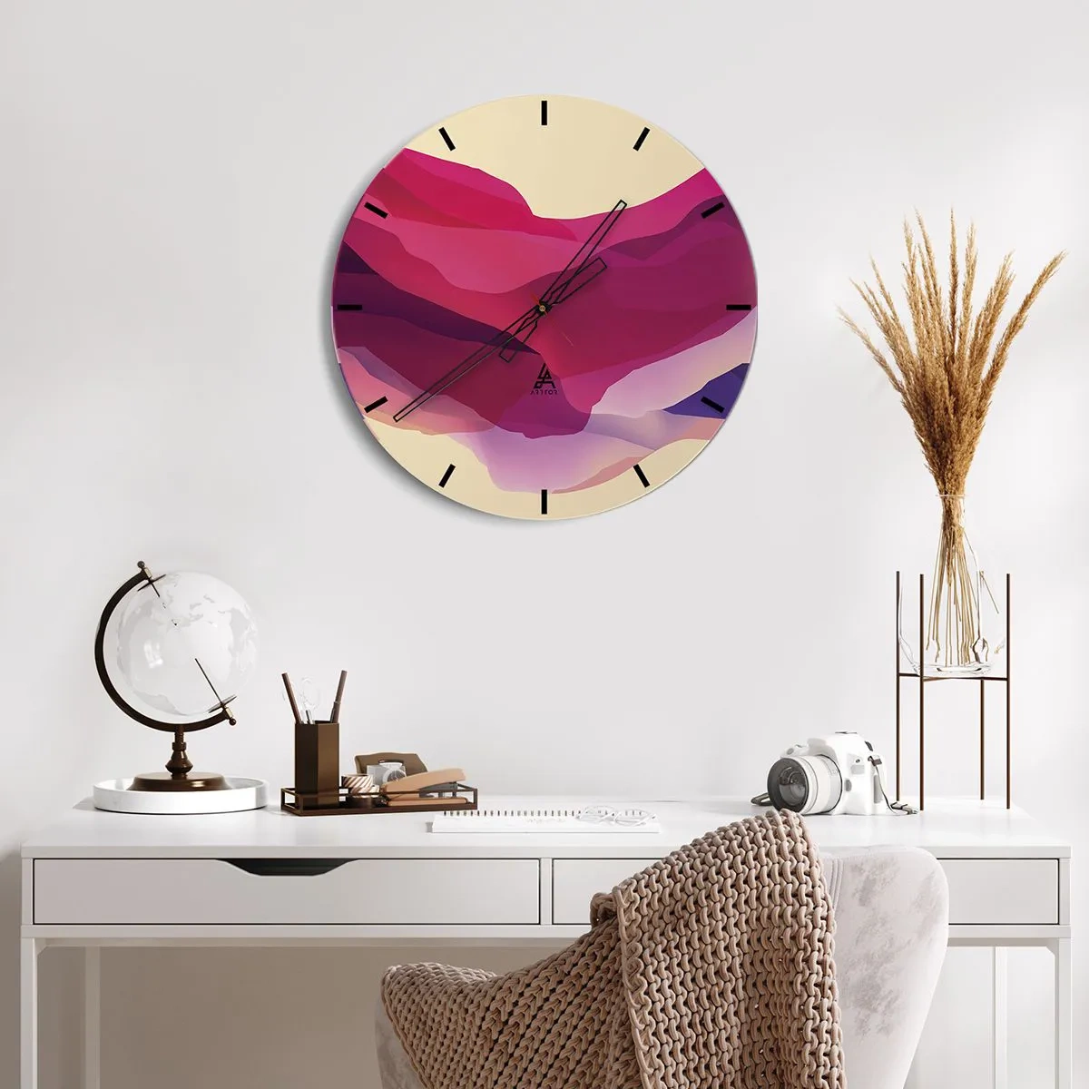 Relógio de parede - Relógio em vidro - Padrão abstrato em tons de rosa e roxo - 30x30cm - Ondas de roxo - Decoração de parede moderna para a sala de estar, cozinha e quarto ARTTOR