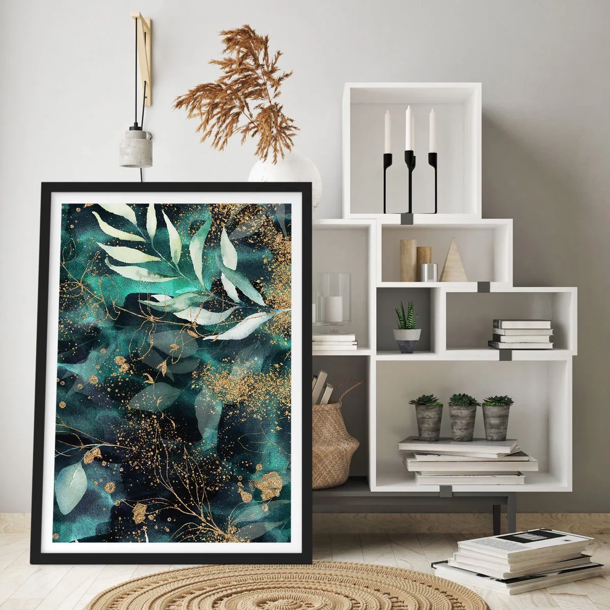 Pôster com moldura preta - Folhas verdes e detalhes dourados em fundo escuro - 50x70cm - Jardim Mágico - Decoração de parede moderna para a sala de estar e quarto ARTTOR
