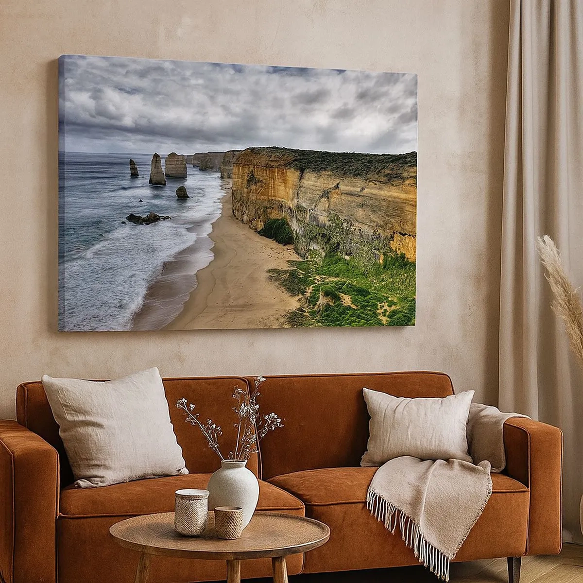 Quadro em tela - Costa de penhascos com praia e formações rochosas - 70x50cm - Beleza crua - Decoração de parede moderna para a sala de estar e quarto ARTTOR