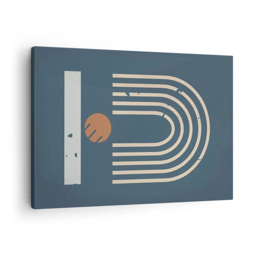 Quadro em tela - Padrão geométrico em tons de azul marinho, bege e laranja sobre fundo escuro - 70x50cm - Geometria em azul marinho - Decoração de parede moderna para a sala de estar e quarto ARTTOR