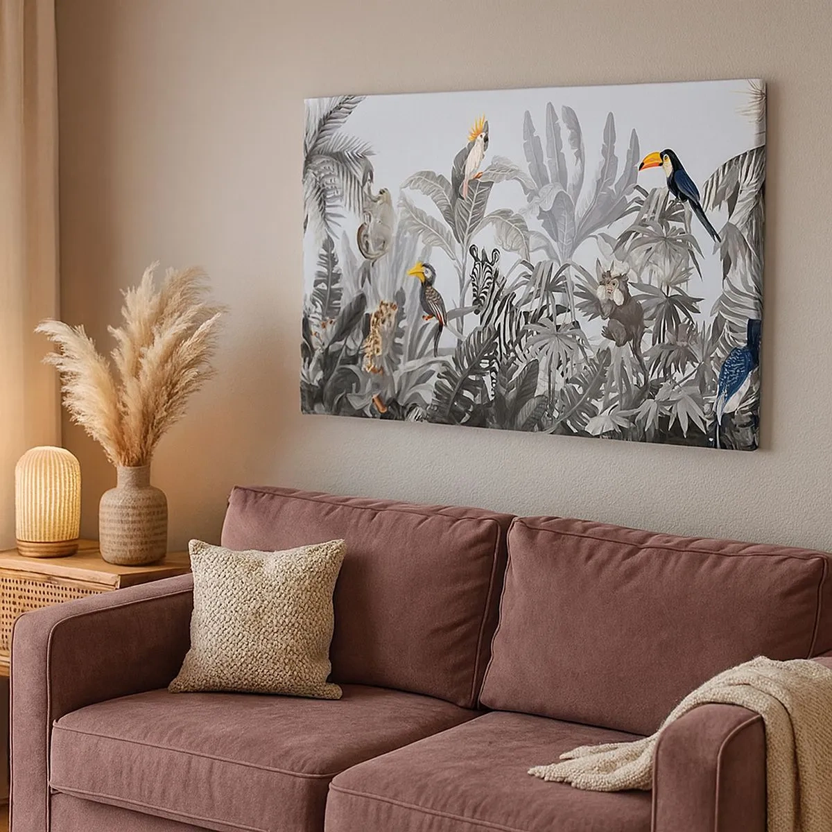Quadro em tela - Selva tropical com animais exóticos em um fundo cinza - 70x50cm - Conto de fadas africano - Decoração de parede moderna para a sala de estar e quarto ARTTOR