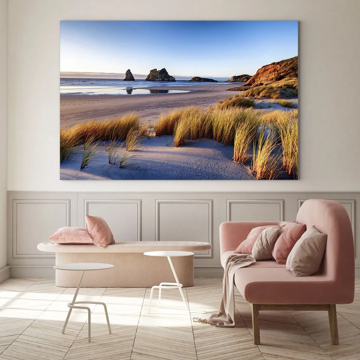 Quadro em vidro - Uma praia ao amanhecer com grama e pedras ao fundo e um mar calmo - 70x50cm - Para quem busca a paz - Decoração de parede moderna para a sala de estar e quarto ARTTOR