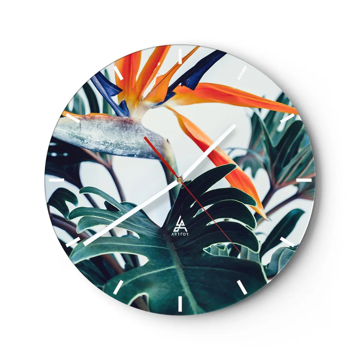 Relógio de parede - Relógio em vidro - Folhas tropicais e uma flor de strelitzia em um fundo claro - 30x30cm - Arbusto de passarinho - Decoração de parede moderna para a sala de estar, cozinha e quarto ARTTOR