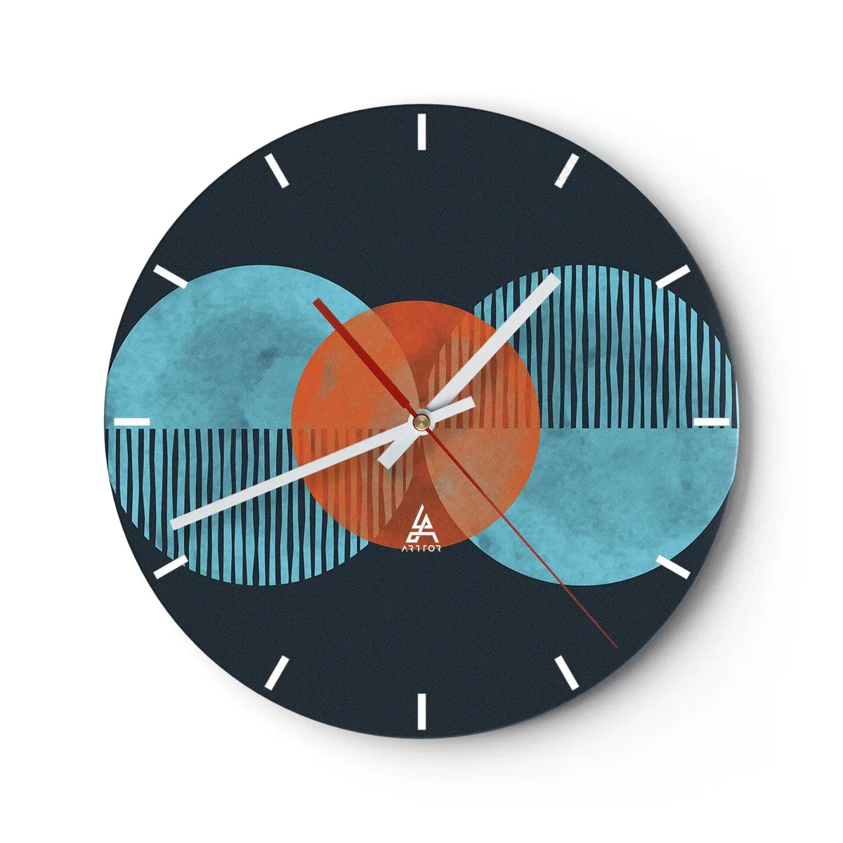 Relógio de parede - Relógio em vidro - Uma composição abstrata de círculos e linhas em tons de azul e laranja. - 30x30cm - Obras de arte simétricas - Decoração de parede moderna para a sala de estar, cozinha e quarto ARTTOR