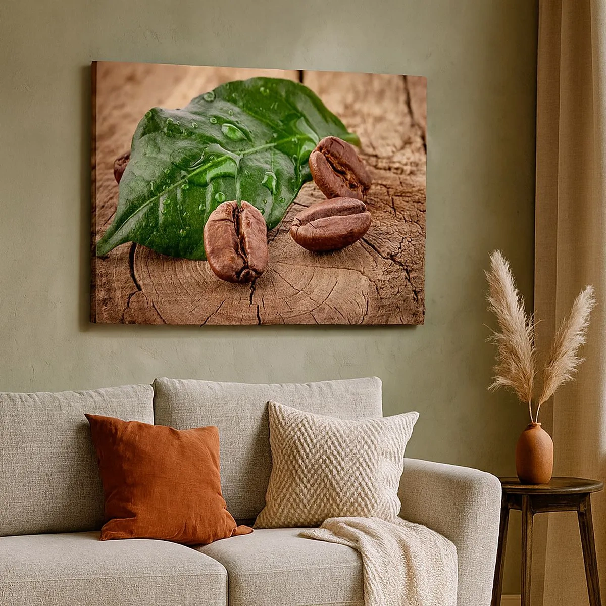 Quadro em tela - Grãos de café e folhas verdes em um fundo de madeira - 70x50cm - Preto e verdadeiro - Decoração de parede moderna para a sala de estar e quarto ARTTOR