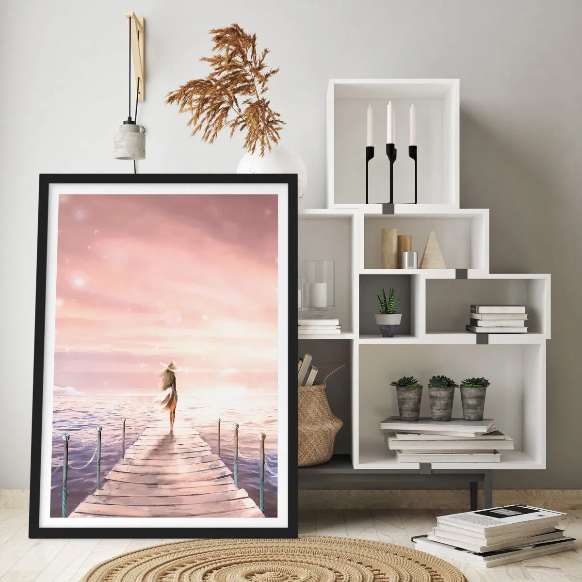 Pôster com moldura preta - Pôr do sol romântico com uma mulher de chapéu - 50x70cm - À luz de um sonho - Decoração de parede moderna para a sala de estar e quarto ARTTOR