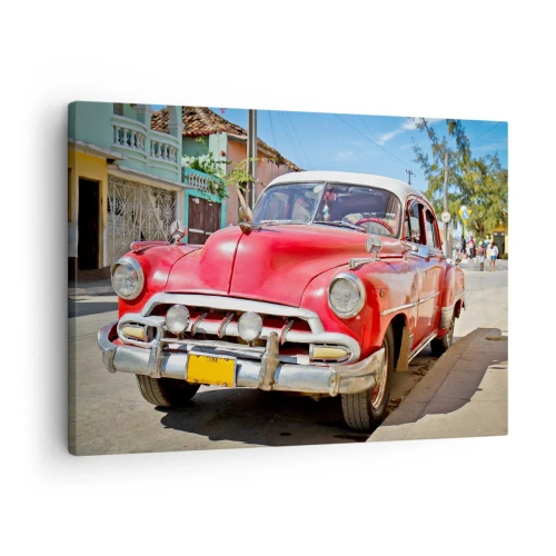Quadro em tela - Um carro clássico vermelho estacionado na rua em um dia ensolarado - 70x50cm - Apenas em Cuba - Decoração de parede moderna para a sala de estar e quarto ARTTOR