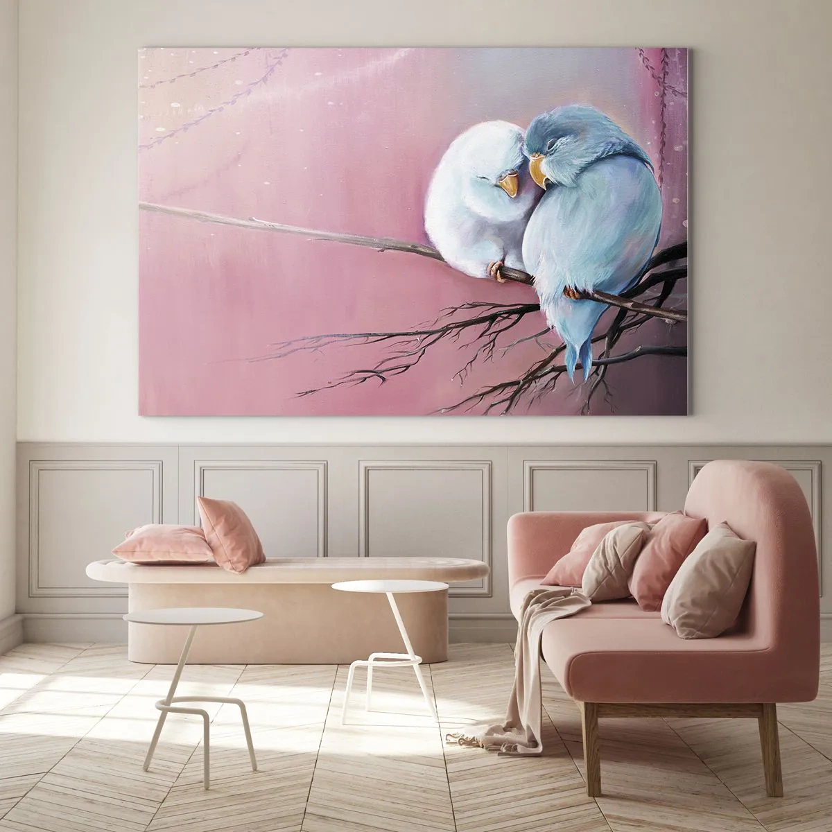 Quadro em vidro - Dois periquitos sentados em um galho contra um fundo rosa - 70x50cm - O que acrescentar aqui?... - Decoração de parede moderna para a sala de estar e quarto ARTTOR